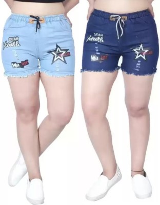 best smart choice Short For Girls Casual Printed Denim(Blue, Pack of 2)