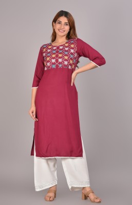 NEW4U Women Embroidered Straight Kurta(Maroon)