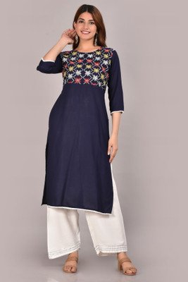 NEW4U Women Embroidered Straight Kurta(Dark Blue)