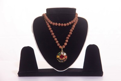 Sarvaksh 5 Mukhi Brown Rudraksha Mala(108+1) With Navaratan Pendent Pearl, Cat's Eye, Crystal, Coral, Sapphire, Topaz, Ruby Brass Plated Wood Chain