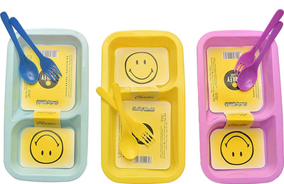 ShubhKraft Return Gift Item In Bulk 2 Compartment Food Plate With Two Small Bowls (3 Pcs)  - Plastic(Multicolor)
