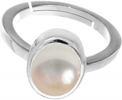 EVERYTHING GEMS 10.25 Ratti/9.75 Carat Natural Pearl Certified Moti Adjustable Brass Pearl Silver Plated Ring