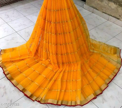 Sidhidata Checkered Kota Doria Cotton Blend Saree(Yellow)