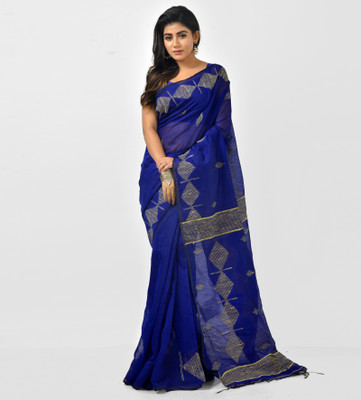 Mystory Woven Handloom Cotton Blend Saree(Blue)