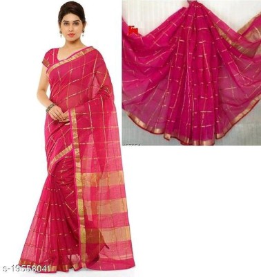 Sidhidata Checkered Kota Doria Cotton Blend Saree(Pink)