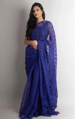 TRADITIONAL HOUSEE Embroidered Jamdani Cotton Silk Saree(Blue)