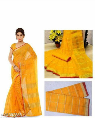 Sidhidata Checkered Kota Doria Cotton Blend Saree(Yellow)