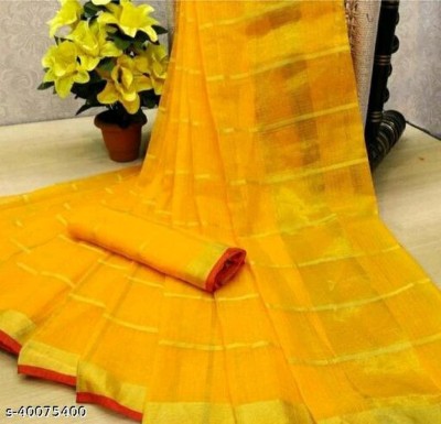 Sidhidata Checkered Kota Doria Cotton Blend Saree(Yellow)