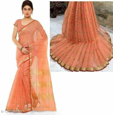 Sidhidata Checkered Kota Doria Cotton Blend Saree(Pink)