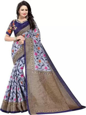 Grubstaker Printed Daily Wear Silk Blend Saree(Blue)