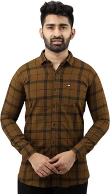 Vellical Men Checkered Casual Gold Shirt