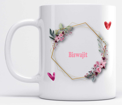 LOROFY Name Biswajit Printed Floral and Hearts Design Ceramic Coffee Mug(325 ml)