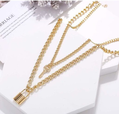 Vembley Vembley Silver Plated Women Fashion Key Lock Pendant Necklace Gold-plated Plated Alloy Chain