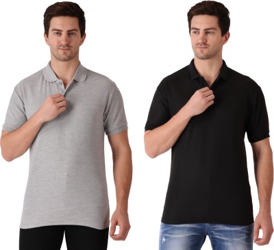 SYLZON Solid Men Polo Neck Black, Grey T-Shirt