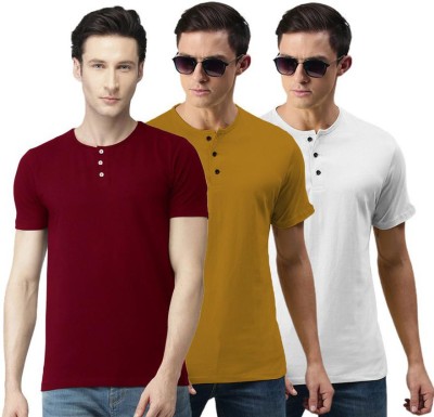 LazyChunks Solid Men Henley Neck White, Maroon, Yellow T-Shirt