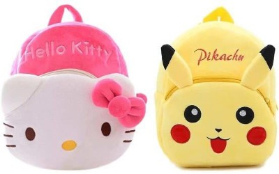 Stakipo bag Combo pikachu hello kitty School Backpack Cartoons Fabric Soft Toy School Bag(Pink, Yellow, 10 L)