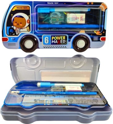 FunBlast Pencil Box for Kids Bus Art Metal Pencil Box(Set of 1, Blue)