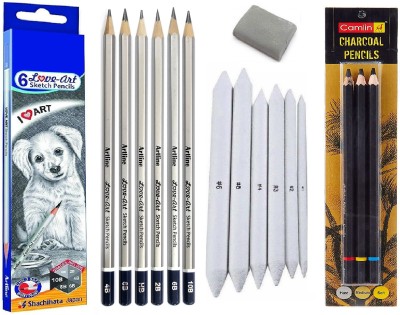 Definite ARTLINE 6Pc Sketch Pencils + 6Pc Blending Stumps + Camlin 3Pc Charcoal Pencil Pencil(and Kneadable Eraser. (Artline Love-Art Pencils - HB, 2B, 4B, 6B, 8B and 10B ))