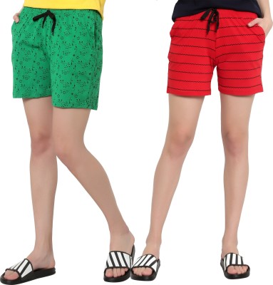 DIAZ Printed Women Green, Red Regular Shorts