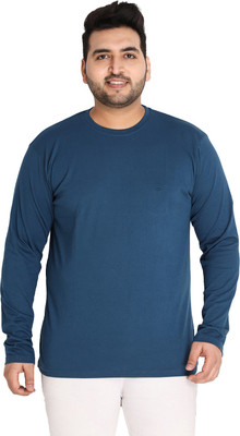CHKOKKO Solid Men Round Neck Blue T-Shirt
