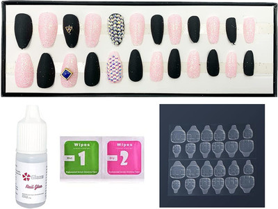 GLAZU Matte & Glitter Artificial/False Nails Set with Nail Glue Kit Black(Pack of 24)