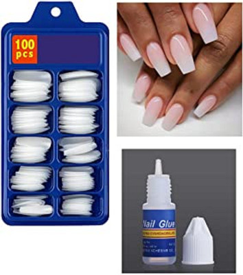 KAIASHA Glue and Artificial Nails Extension 100 Tips for Professional and Personal Use WHITE(Pack of 100)