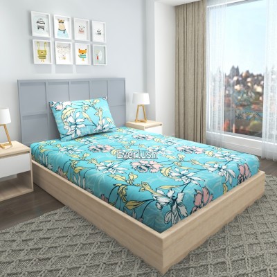 Everlush 280 TC Cotton Single Floral Fitted (Elastic) Bedsheet(Pack of 1, Blue)