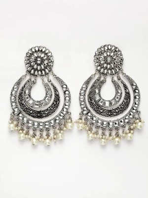 Embellished Jewels Pearls & Stones Studded Tasselled Design Oxidised Silver Plated Handcrafted Pearl Alloy Tassel Earring