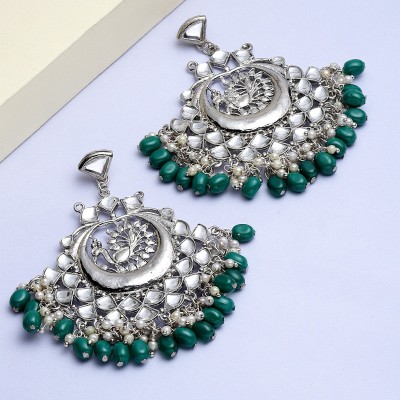 Karatcart Oxidised Silver Green Tumble Peacock Shaped Kundan Alloy Chandbali Earring