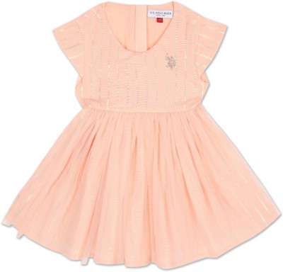 U.S. POLO ASSN. Girls Midi/Knee Length Casual Dress(Orange, Cap Sleeve)