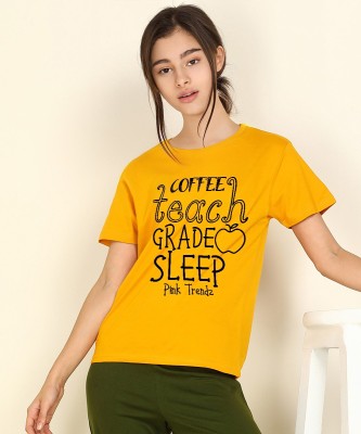 Young trendz Girls Typography, Printed Pure Cotton Regular T Shirt(Yellow, Pack of 1)