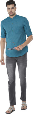 Indus Route by Pantaloons Men Self Design Straight Kurta(Blue)