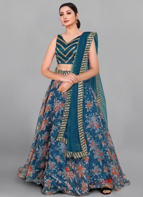 Trijal Fab Printed Semi Stitched Lehenga Choli(Blue)