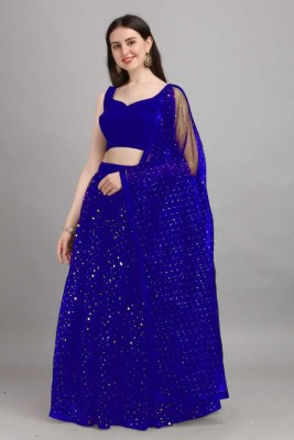 Vihat Fashion Floral Print Semi Stitched Lehenga Choli(Blue)