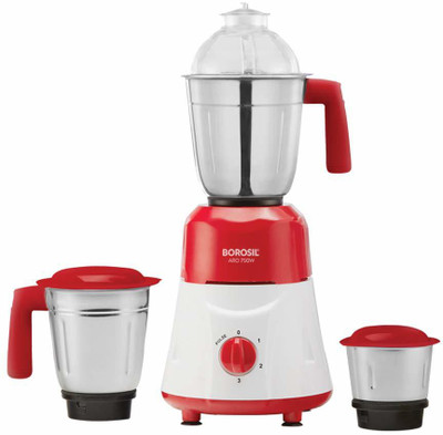 BOROSIL Aro 750-Watts With 3 Stainless Steel JAr ARO 750 Mixer Grinder (3 Jars, Red, White)