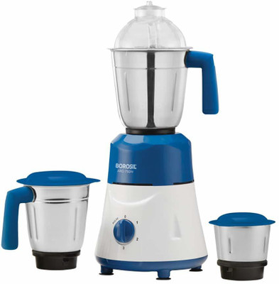 BOROSIL ARO 750-Watts With 3 Stainless Steel Jar 750 Mixer Grinder (3 Jars, Blue, White)