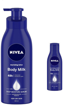 NIVEA NOURISHING LOTION BODY MILK WITH DEEP MOISTURE SERUM 75ML AND 400ML Pack of 2(475 ml)
