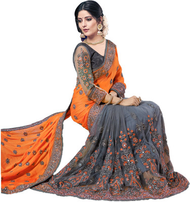 sadgun creation Embroidered Bollywood Lycra Blend Saree(Mustard, Grey)