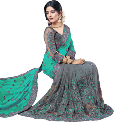 sadgun creation Embroidered Bollywood Lycra Blend Saree(Multicolor, Grey)