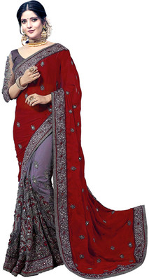 sadgun creation Embroidered Bollywood Silk Blend, Net Saree(Maroon)