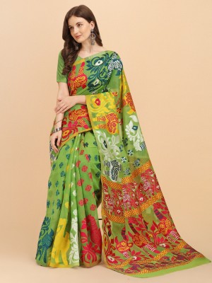 Divastri Printed Jamdani Cotton Silk Saree(Light Green)
