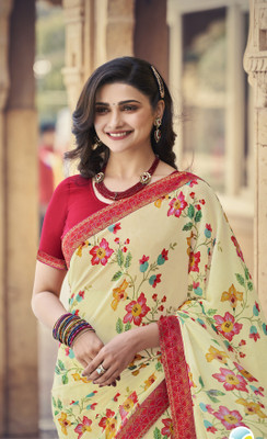 MEETVIN COUTURE Printed, Self Design, Graphic Print, Floral Print, Solid/Plain Bollywood Georgette, Chiffon Saree(Red, Beige)