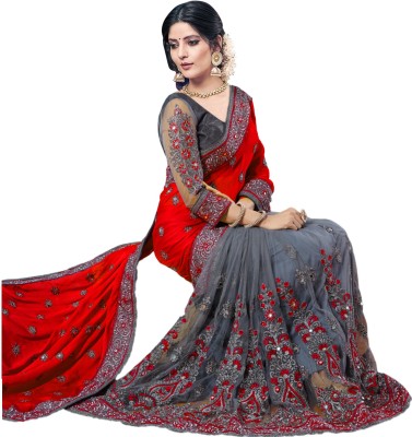 b bella creation Embellished Bollywood Silk Blend, Net Saree(Red, Grey)