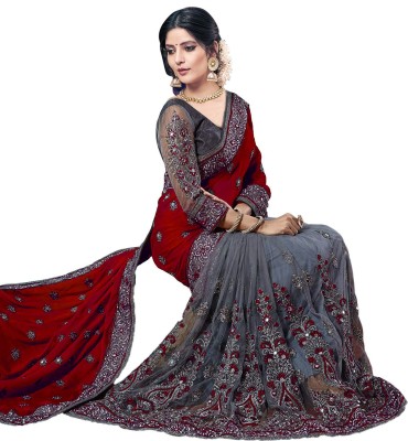 b bella creation Embellished Bollywood Silk Blend, Net Saree(Maroon, Grey)