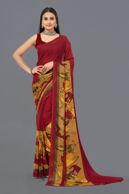 Leelavati Floral Print Bollywood Georgette Saree(Red)