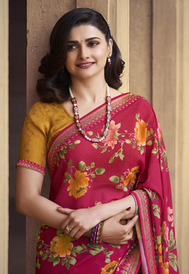 BLEESBURY Printed, Self Design, Graphic Print, Floral Print, Solid/Plain Bollywood Georgette, Chiffon Saree(Red, Yellow)