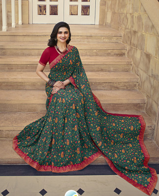 MEETVIN COUTURE Printed, Self Design, Graphic Print, Floral Print, Solid/Plain Bollywood Georgette, Chiffon Saree(Dark Green, Green)