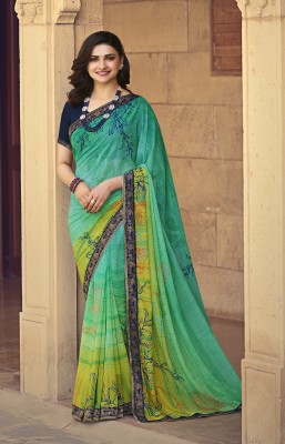 BLEESBURY Printed, Self Design, Graphic Print, Floral Print, Solid/Plain Bollywood Georgette, Chiffon Saree(Light Green, Yellow)