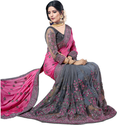 vaidehicreation Embroidered Bollywood Net, Art Silk Saree(Pink, Grey)