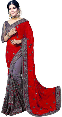 vaidehicreation Embellished Bollywood Net, Art Silk Saree(Red)